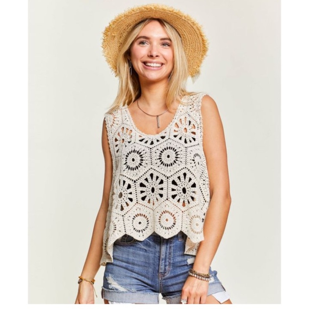Womens Floral Crochet Lace Cream Tank Top Boho Festival Large